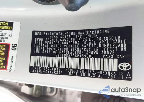 2016 Toyota Corolla Le z USA, uszkodzony, nr VIN 5YFBURHE3GP459380